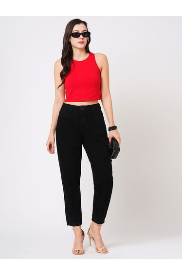 Solid High Rise Relaxed Fit Jeans with Pockets