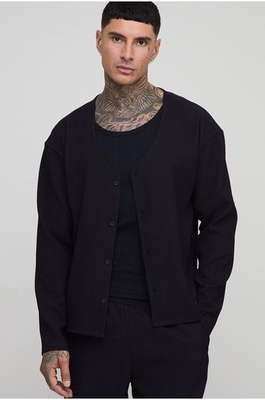 Tall Pleated Oversized Boxy Collarless Shirt - black