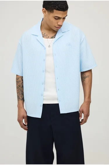Oversized French Riviera Embroidered Seersucker Half Sleeve Shirt - light blue