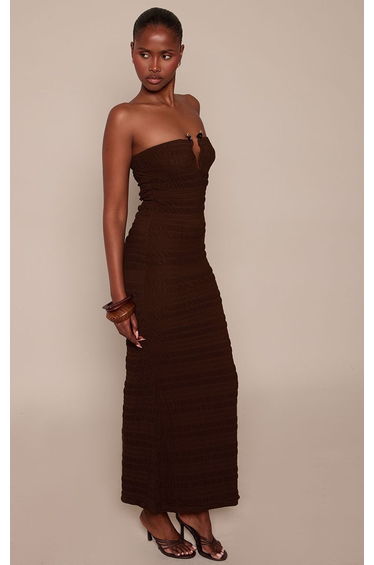 Chocolate Textured Bandeau Beaded Hardware Detail Maxi Dress