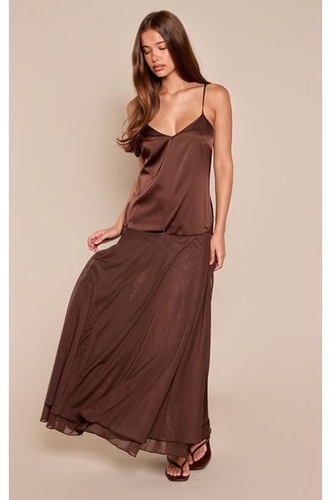 Chocolate Satin Strappy Button Detail Frill Hem Maxi Dress