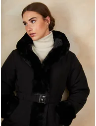 Faux Fur Belted Padded Coat in Black - 1