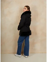 Faux Fur Belted Padded Coat in Black - 2
