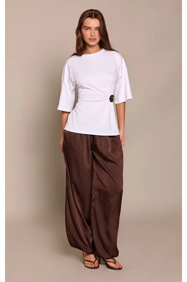 White Cotton Trim Waist Detail Oversized T-Shirt