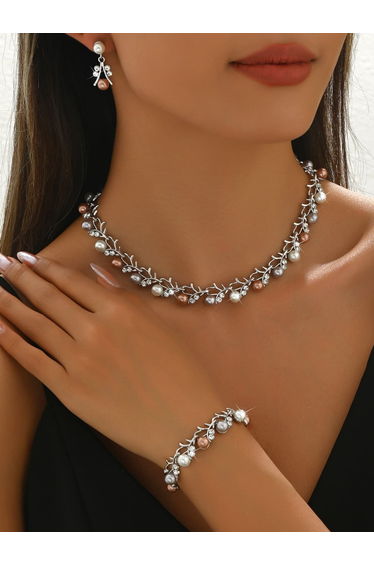 3-Piece Embellished Faux Pearl Necklace, Bracelet and Earrings Jewelry Set