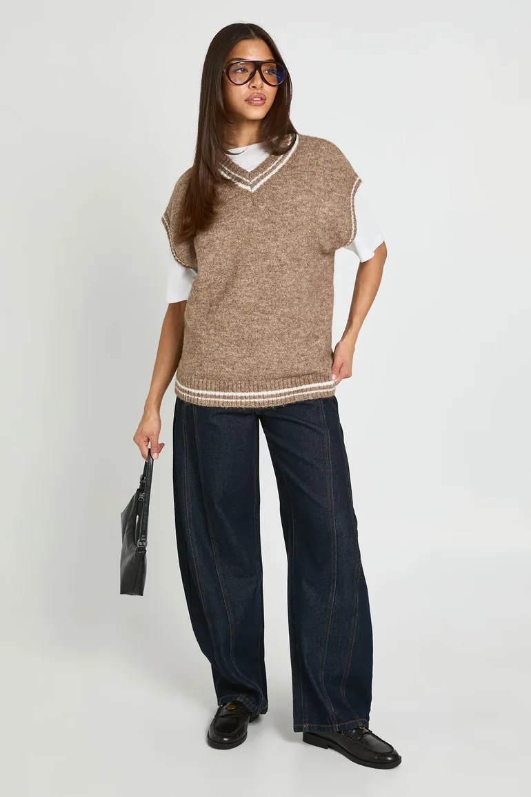 Stripe Detail Oversized V Neck Knitted Tank - mocha