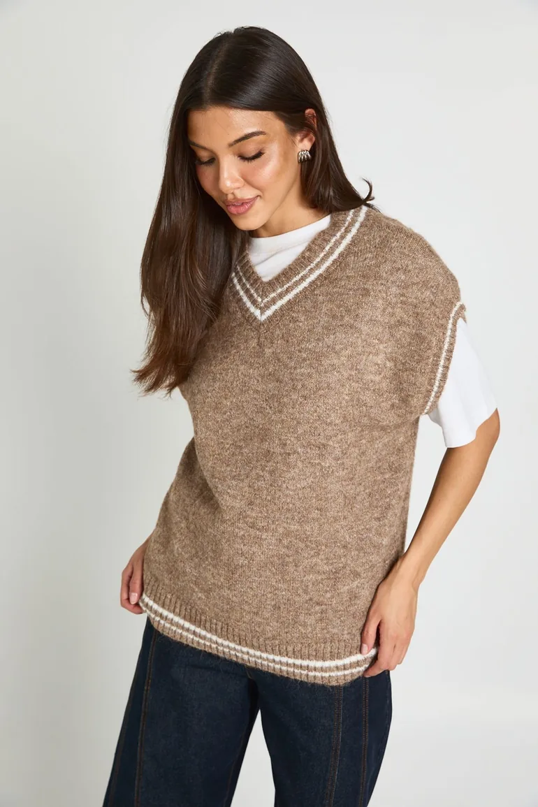 Stripe Detail Oversized V Neck Knitted Tank - mocha - 1