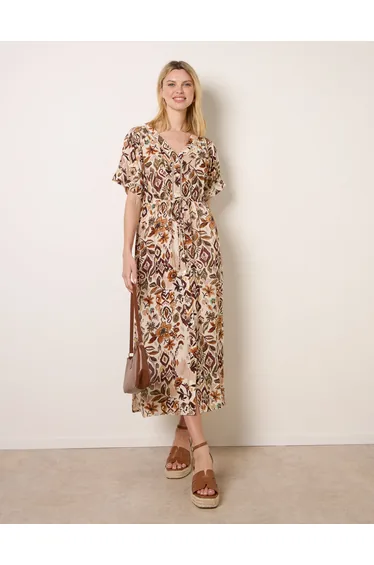 Printed Drawstring Waist Midi Dress