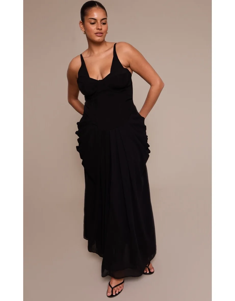 Plus Black Chiffon Drape Detail Corset Midi Dress Prettylittlething Black :  Dresses : VogaCloset Jordan