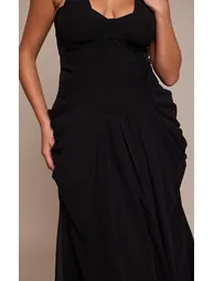 Plus Black Chiffon Drape Detail Corset Midi Dress - 3