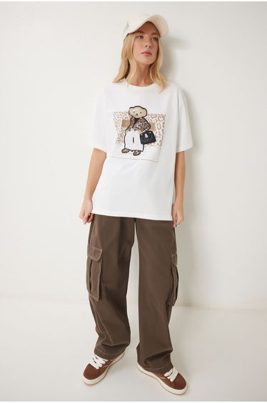 Women's Ecru Teddy Bear Embroidered Cotton Oversize Knitted T-Shirt