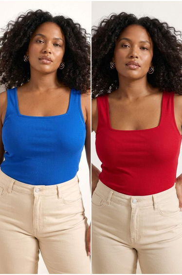 Red- Cobalt Basic Corded Fabric 2-Pack Square Collar Cotton Knitted Large Size Undershirt