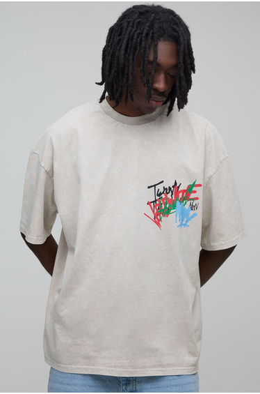 Oversized Acid Wash Graffiti Print T-shirt - ecru