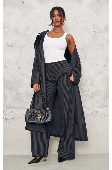 Tall Black Pinstripe Tailored Wide Leg Trousers