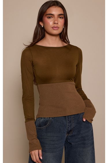 Dark Khaki Contrast Jersey Rib Long Sleeve Fitted Top