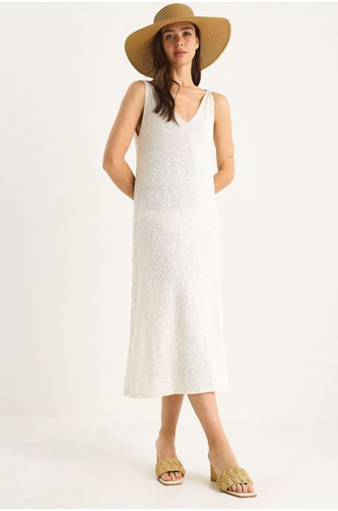 LUCCI Textured V-Neck Midi Knit Dress with Back Print