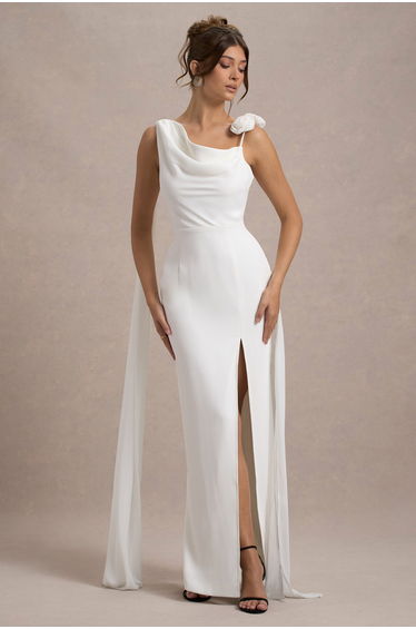 Angeline | White Chiffon Draped Split Floor Length Dress With Corsages
