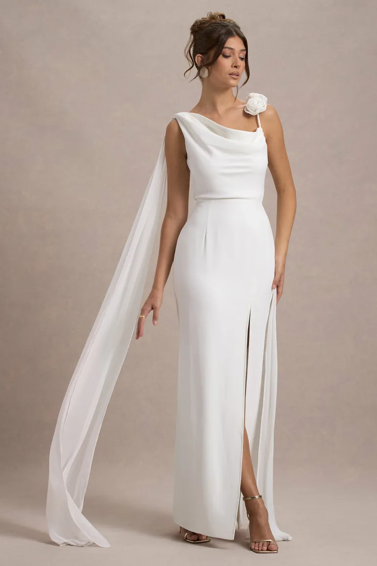 Shop Angeline | White Chiffon Draped Split Floor Length Dress With Corsages  Online in Iraq