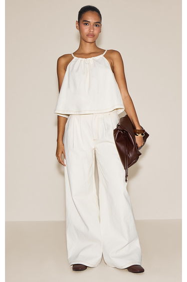 Ecru Pleated Wide Leg Jeans