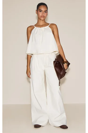 Ecru Pleated Wide Leg Jeans