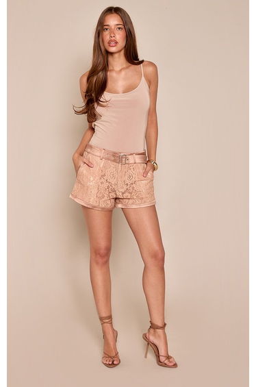 Beige Lace Belt Detail Tailored Shorts
