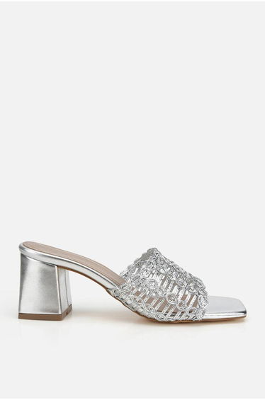 Women's silver metallic braided headband set of Block Heel Slipper