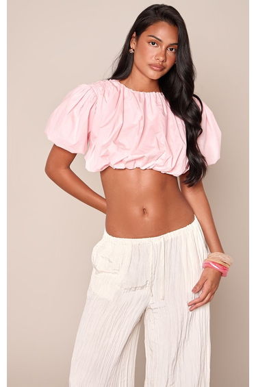 Pale Pink Cotton Short Sleeve Cropped Puffball Top