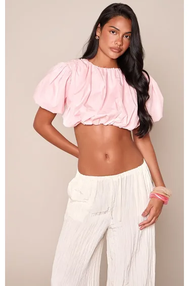 Pale Pink Cotton Short Sleeve Cropped Puffball Top