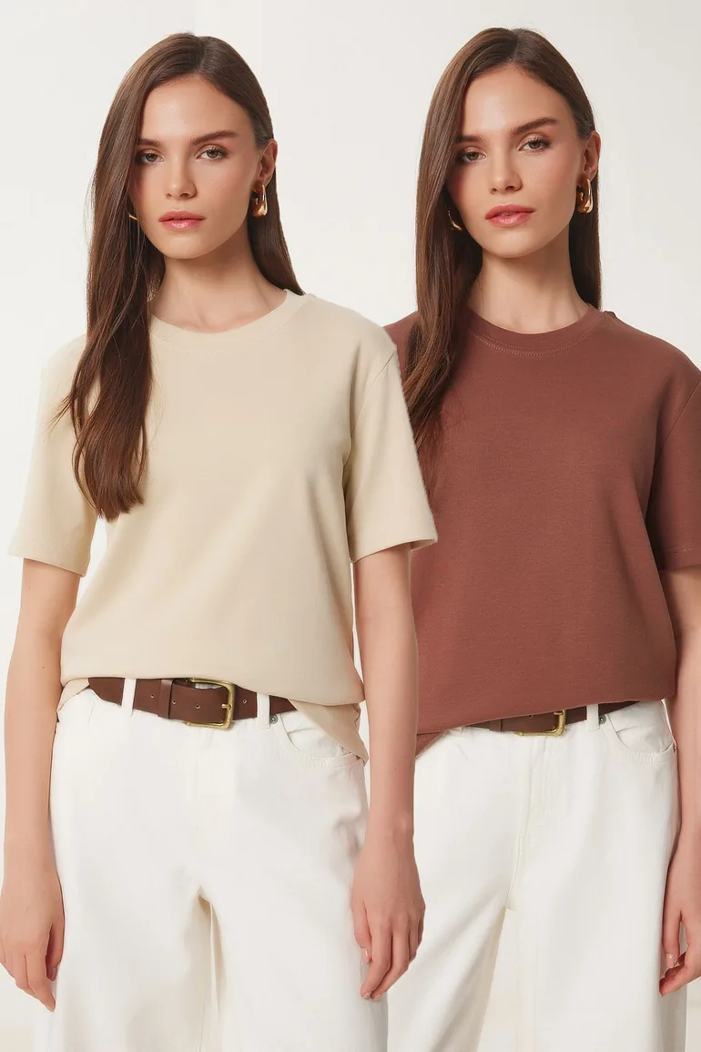 Woman Brown Biscuit 2-Pack Cotton Basic Knitted T-Shirt Happiness