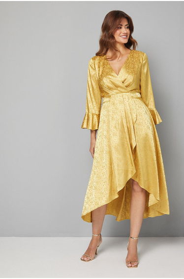 Satin Jacquard Wrap Ruffle Dress