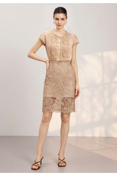 Ornate Floral Guipure Lace Overlay Pencil Skirt in Light Tan for Afternoon Tea & Wedding Guest Events
