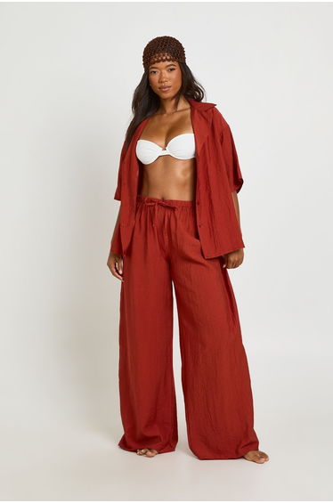 Linen Look Short Sleeve Beach Shirt - rust