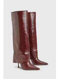 Fold Over Stiletto Pointed Toe Knee High Boots - burgundy - 1