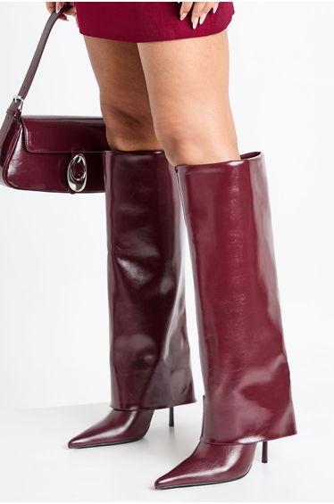 Fold Over Stiletto Pointed Toe Knee High Boots - burgundy