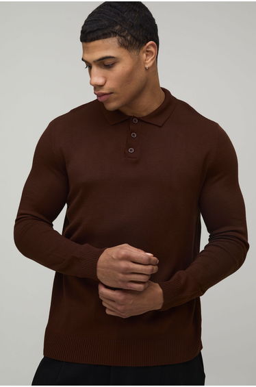 Regular Fit Button Up Knitted Long Sleeve Polo - chocolate