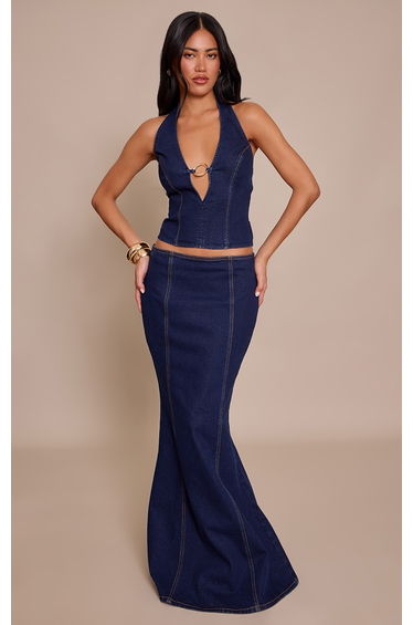 Indigo Gold Trim Plunge Detail Denim Top