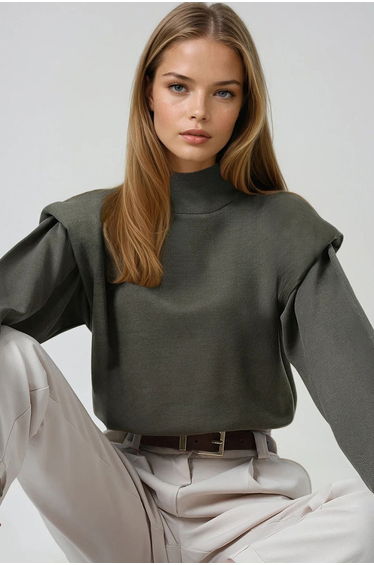 Women's Khaki Half Turtleneck Shoulder Pad Pack Blouse