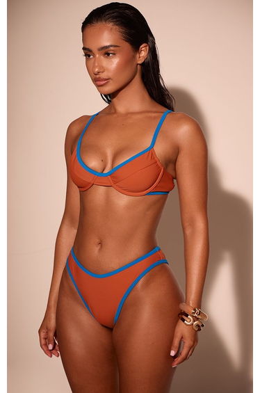 Orange Contrast Binding Tanga Bikini Bottoms