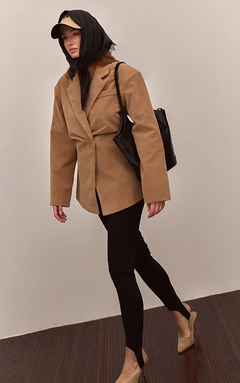 Taupe Suede Cinch Waist Blazer - 2