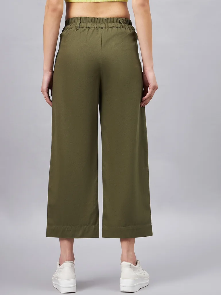 Women Olive Green Wide Leg Trousers - 4