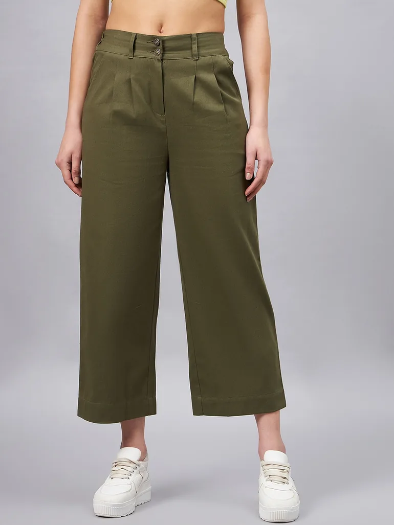 Women Olive Green Wide Leg Trousers - 5