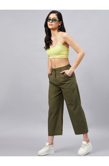 Women Olive Green Wide Leg Trousers
