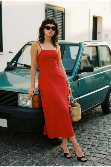 Red Plain Straight Cut Gipel Maxi Woven Dress