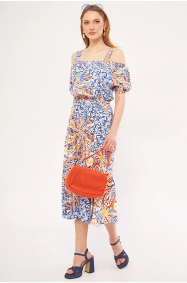 Women's Indigo Checked Floral Patterned Strap Elastic Waist Dress