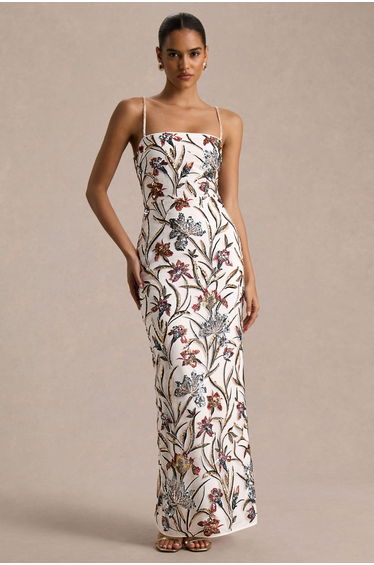 Kyle | Cream Sequin Floral Embellished Square-Neck Maxi Dress
