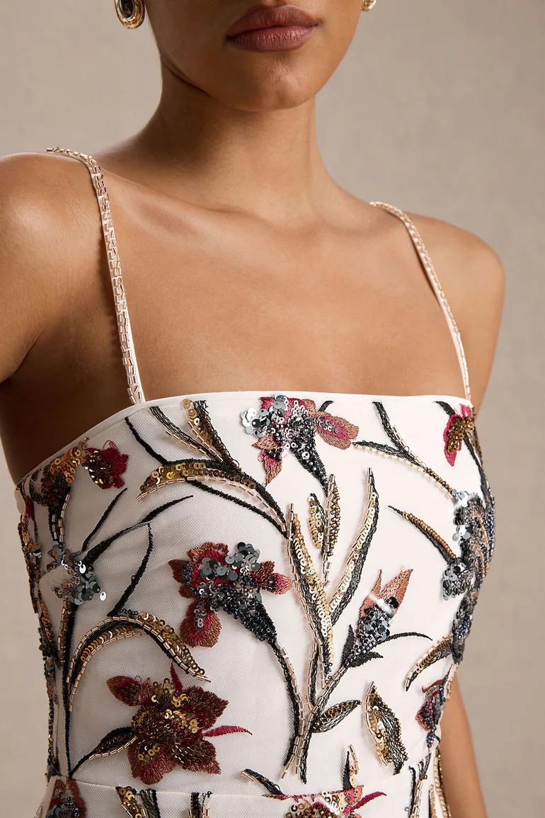 Kyle | Cream Sequin Floral Embellished Square-Neck Maxi Dress - 5