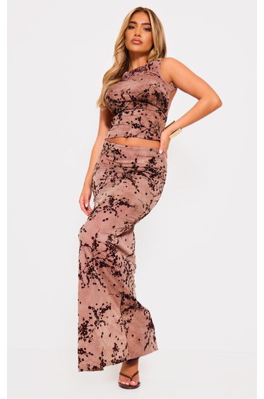 Mauve Floral Print Devore Mesh Ruched Floor Length Skirt