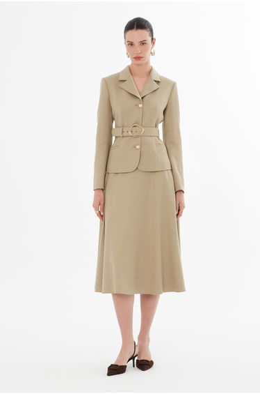 Buttoned Belted Jacket and Skirt Set