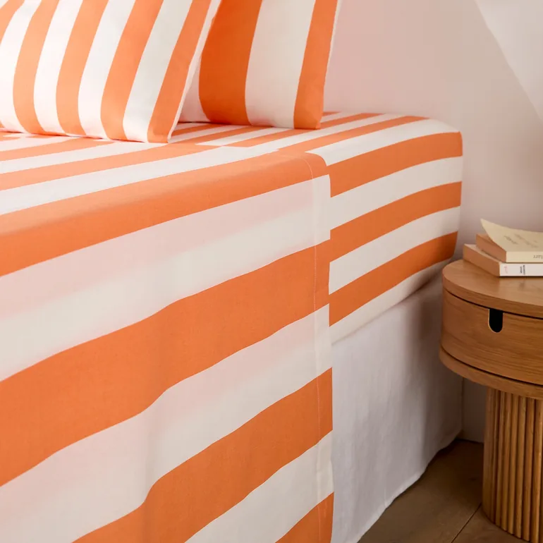 شرشف سرير قطن مخطط - برتقالي