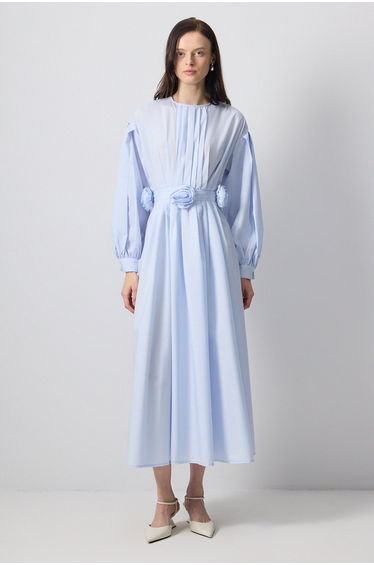 PLEATED POPLIN DRESS WITH FLORAL DETAILS
